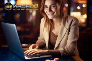 seorang gadis menggunakan komputer riba log masuk akaun Kaya88